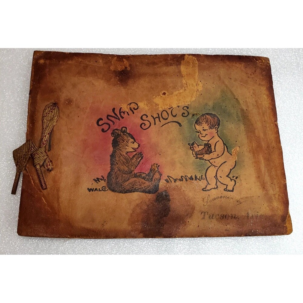 Whimsical Leather Scrapbook Photo Album Bear Art Tucson AZ Vintage 4x6 Antique